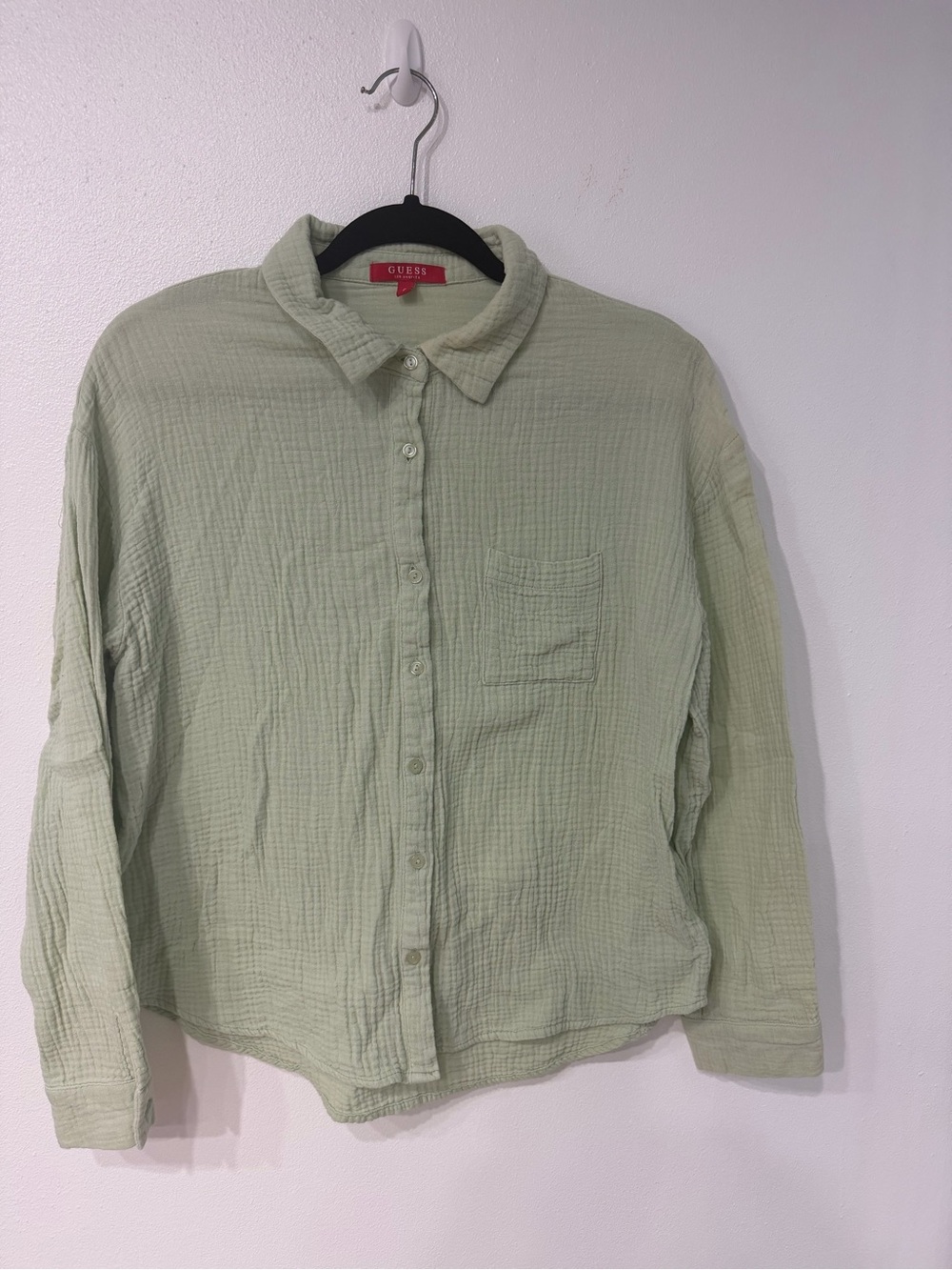 Guess Los Angeles Women Sage Green Crinkle Cotton Gauze Botton Down Shirt Size S